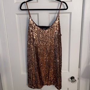 Mini Gold/Bronze Sequin V Neck Spaghetti Strap Party Dress